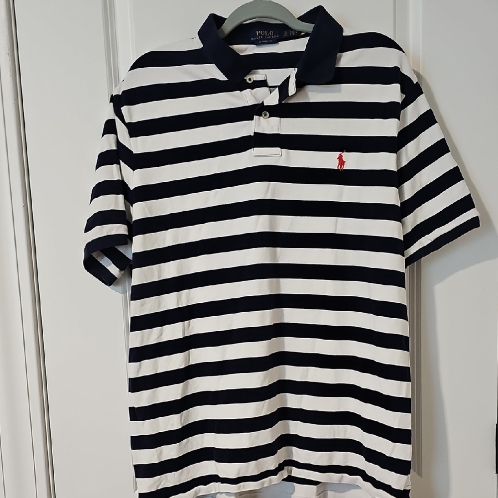 Polo Ralph Lauren Navy Blue, White Stripe With Red Emblem. EUC. Size X-Large.